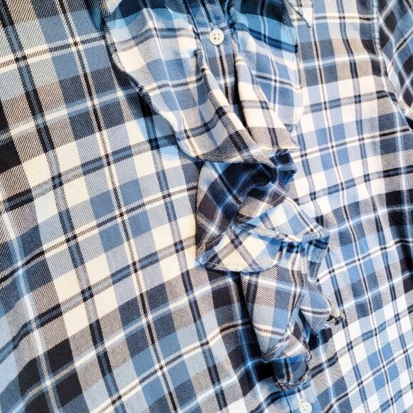 RALPH LAUREN Ruffle Front Plaid Button Up Flannel Shirt Womens L Derby Modest - Picture 4 of 11